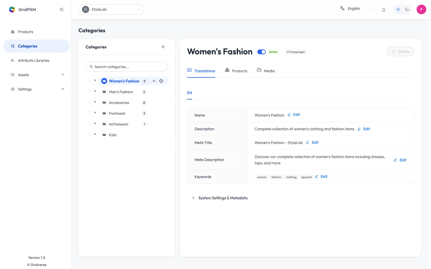 GridPXM categories view with a category tree and translated name, description and SEO fields