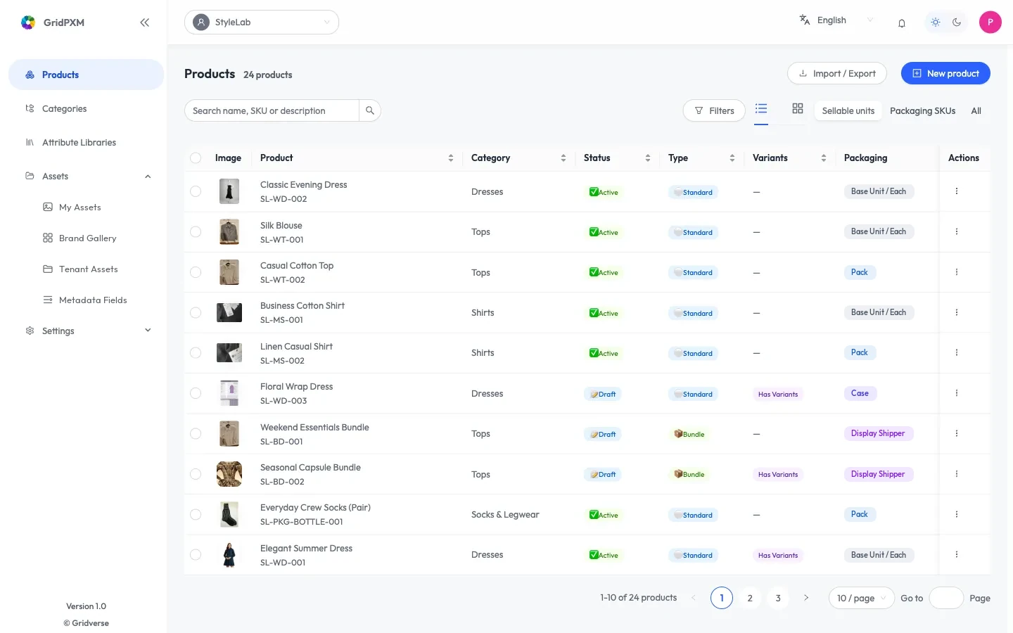 GridPXM product list showing a catalogue with category, status and type for each product